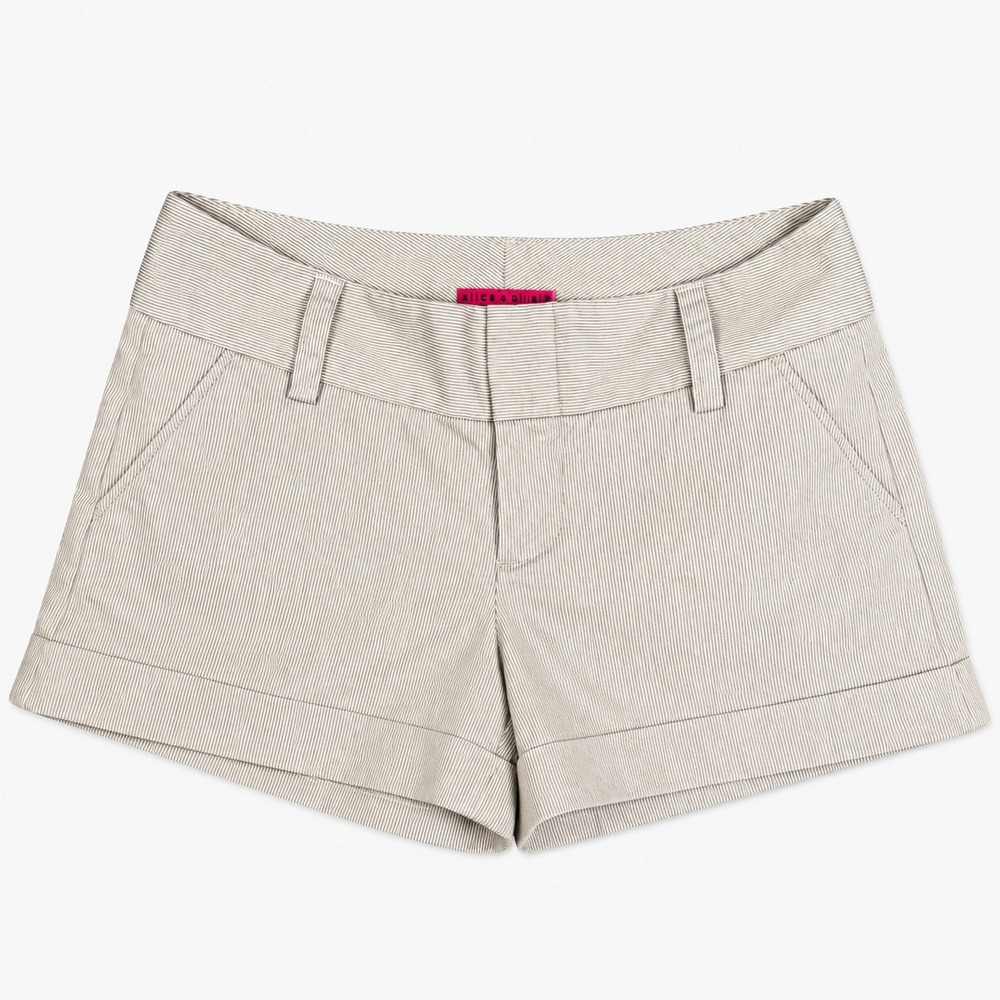 Alice + Olivia Striped Mini Shorts Womens 6 Tan White Pinstripe Cuffed Preppy